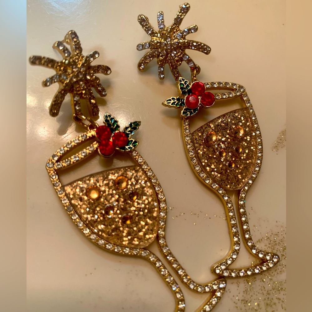 Rhinestone Champagne Glass Dangle Earrings with Red Berry Accent